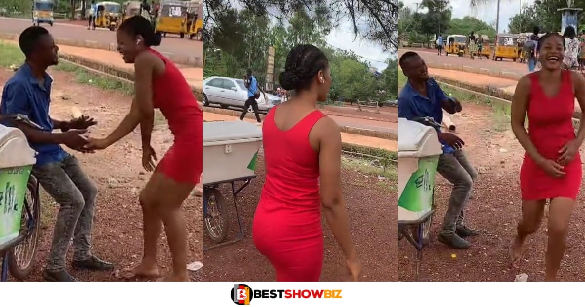 "She Is so Humble"- Netizens praises Lady as she vibes with ice cream seller (watch video)