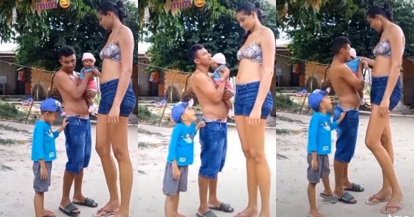 Tall lady flaunts her husband and children on social media (watch video)