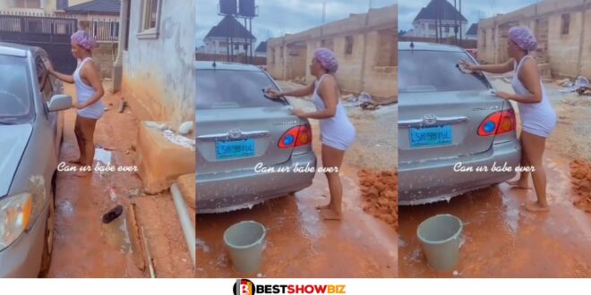 “I’ll never go back to my ex” – Man says as he meets his beautiful girlfriend washing his car (Video)