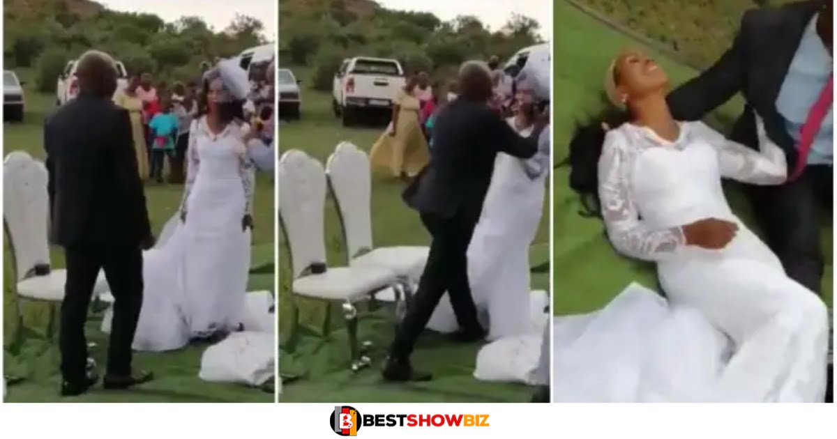 Groom roughly k!ss his bride at a wedding causing her wig to fall off (watch video)
