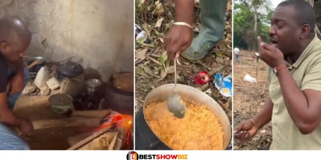 Video of John Dumelo cooking Jollof at his farm with no meat in it causes stir online (watch video)