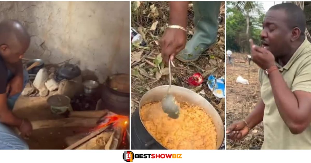 Video of John Dumelo cooking Jollof at his farm with no meat in it causes stir online (watch video)