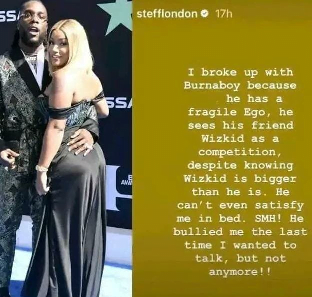 I broke up with Burna Boy because he could not satisfy me in bed – Stefflon Don reveals