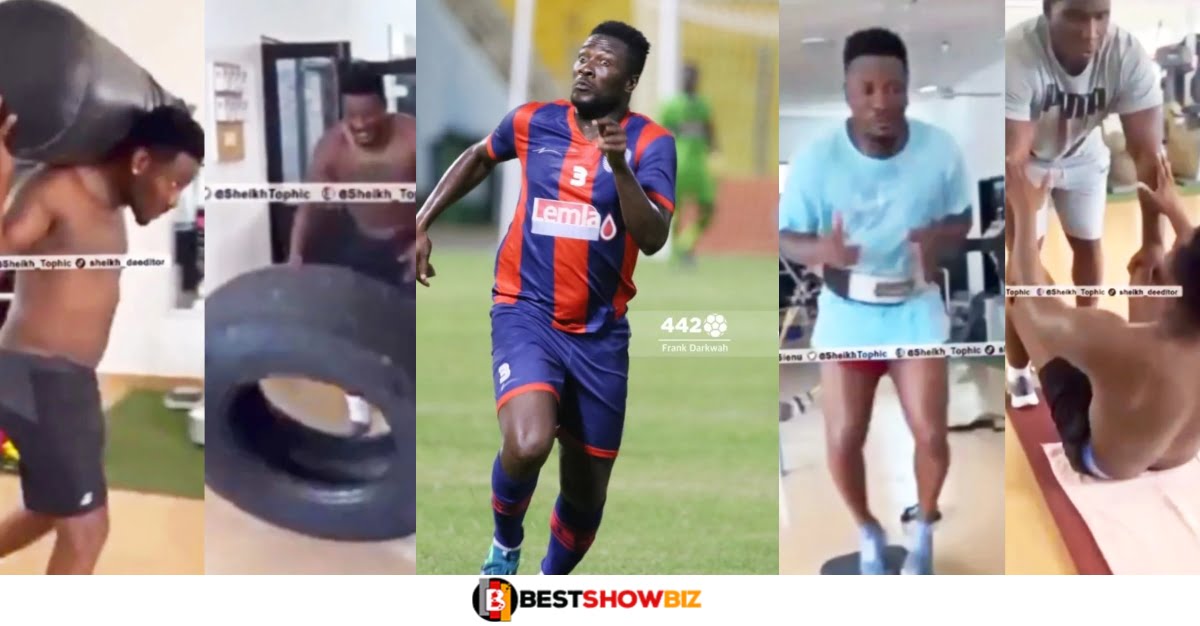 Asamoah Gyan spotted working hard and losing weight in the gym as he gets ready for the world cup (Watch video)