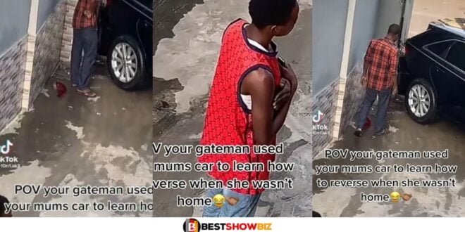 Gateman in trouble after crushing his madam's car while practicing how to drive (watch video)