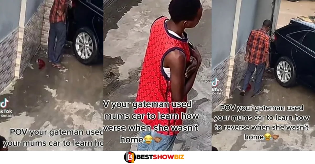 Gateman in trouble after crushing his madam's car while practicing how to drive (watch video)