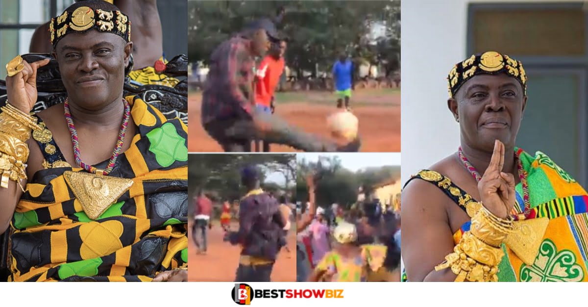 Video of Dormaahene playing football with the youth of his town warm hearts on social media (Watch)