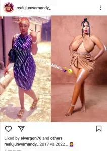 Busty lady causes confusion on social media after she posted her transformation photos online.