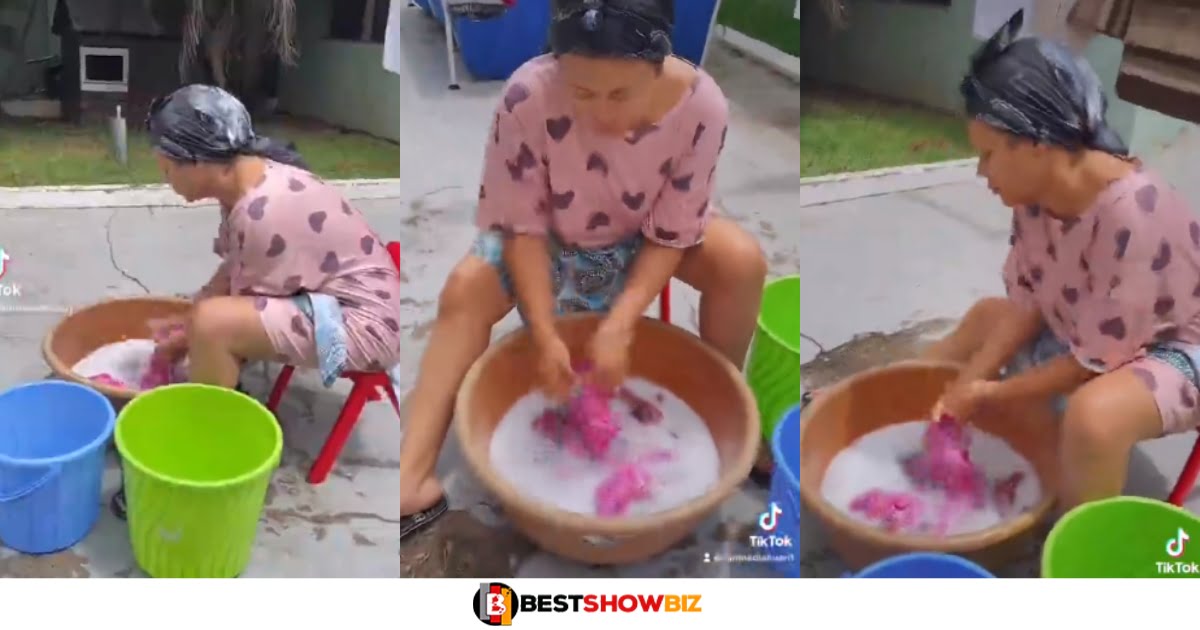 "So you don't have washing machine?" Netizens ask Nadia Buari after she was spotted washing with her hands (Watch video)