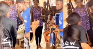 Lady publicly disgraces boyfriend as she takes back phone and belt she bought for him after seeing him with another lady (Video)