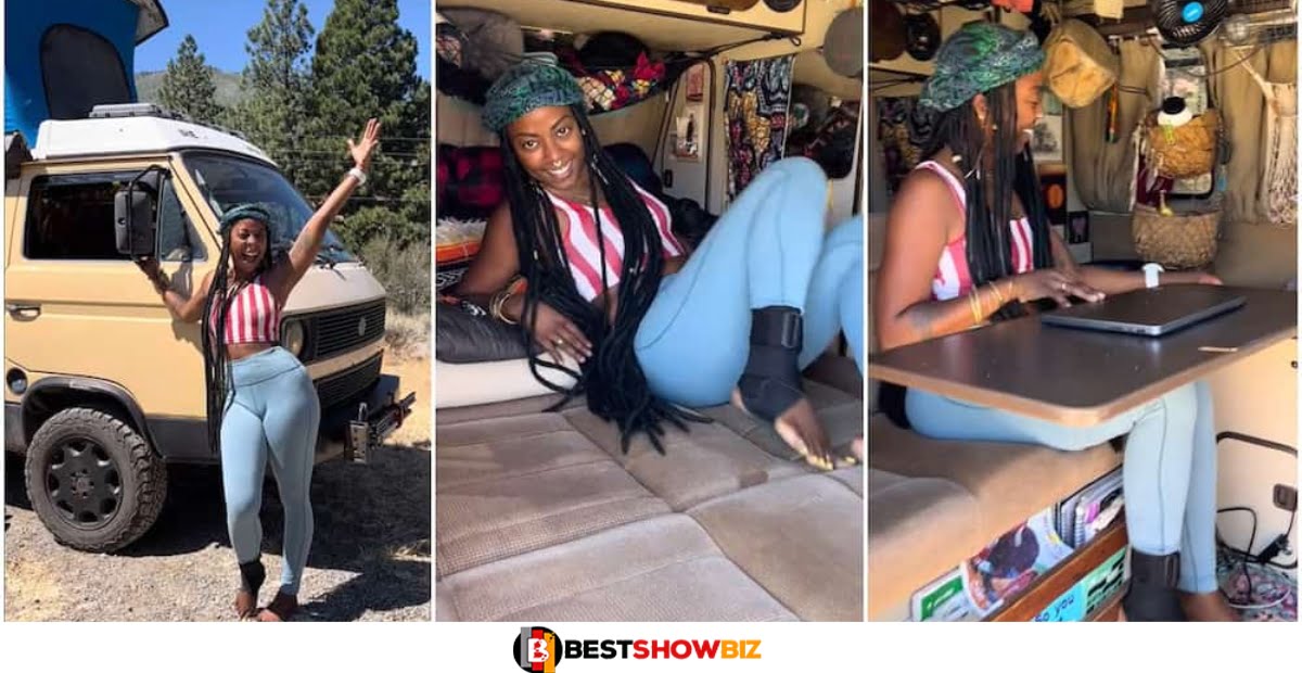 Lady goes viral after turning her car into a house she lives in (watch video)