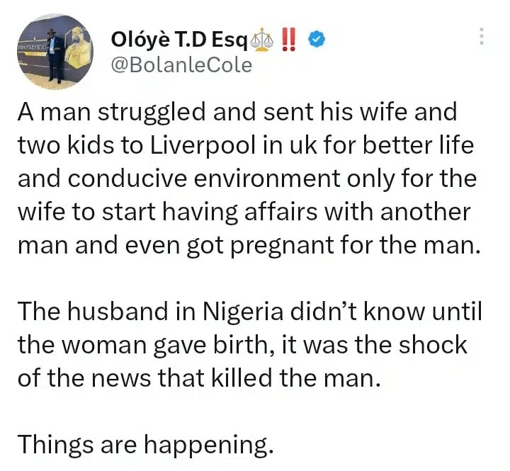 Man dies of shock after finding out his wife whom he sent to UK got pregnant for another man abroad