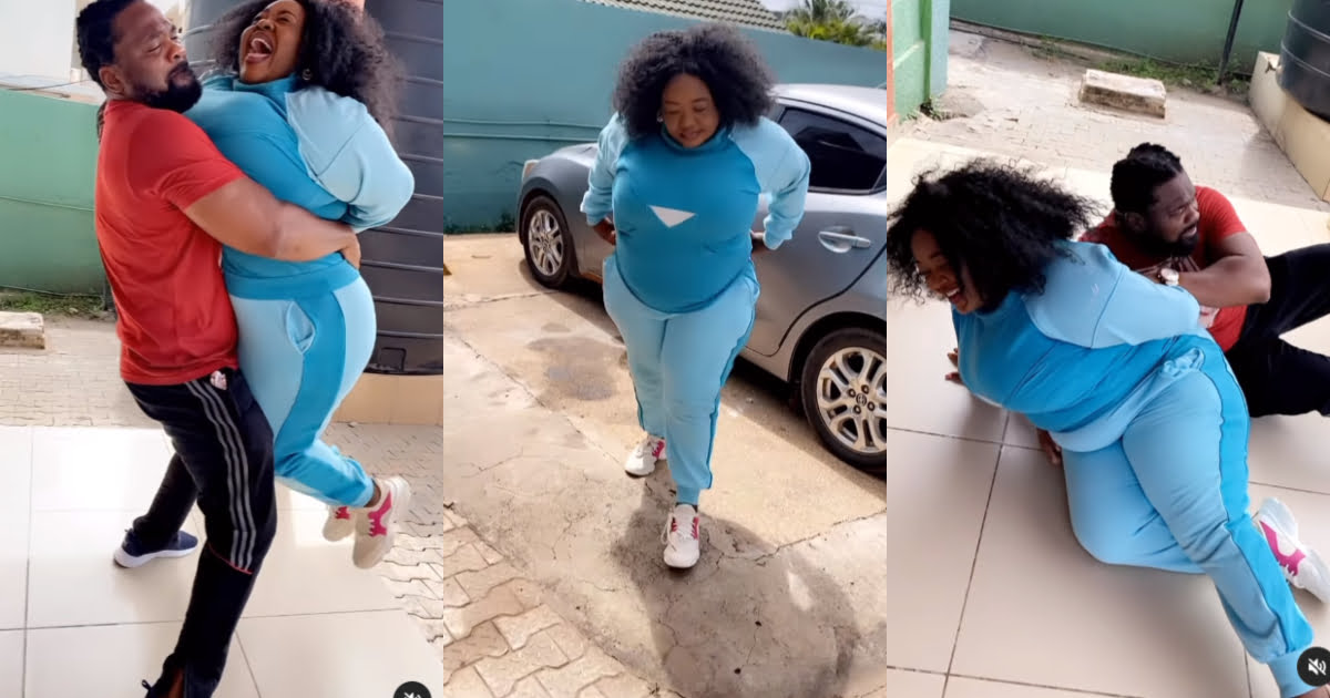 Gospel musician Selina Boateng accidentally falls on top of Fiifi Pratt while he is attempting to lift her. (Watch video)