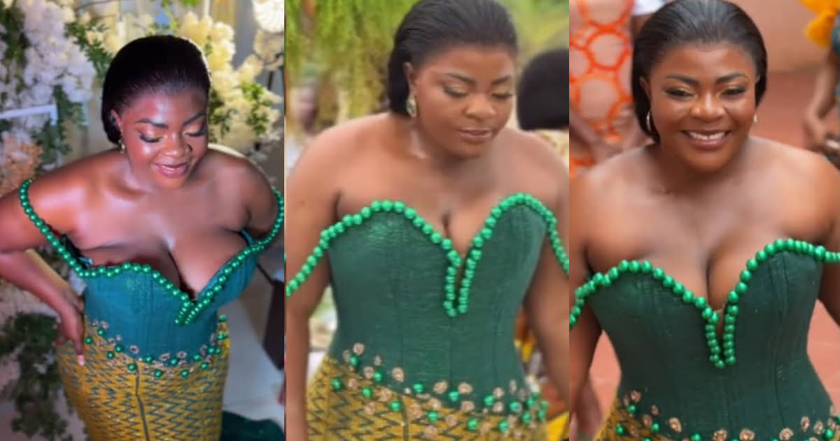 See reactions as bride struggles to breath in tight corset outfit during wedding (watch video)