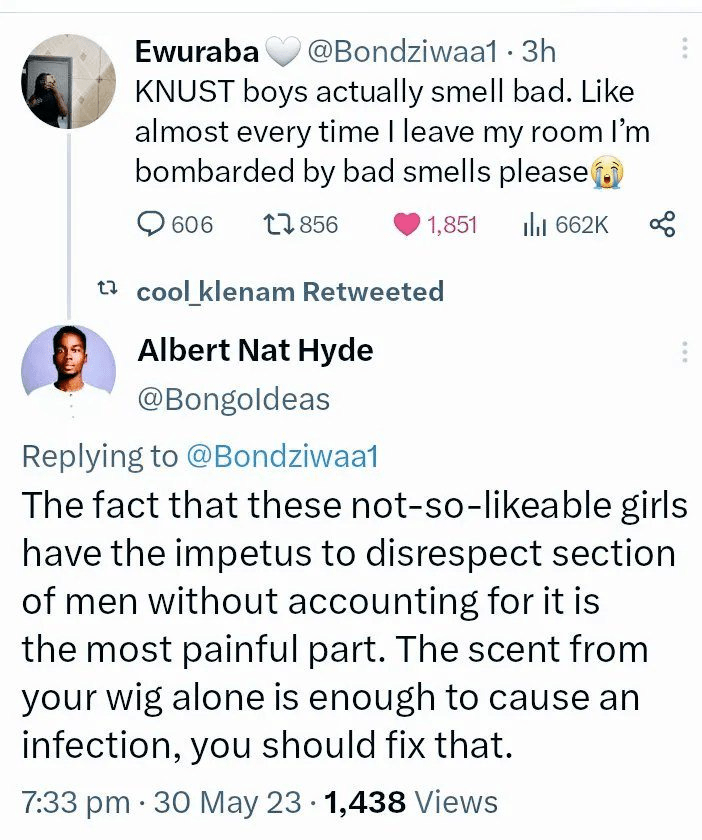 Bongo Ideas Trolls Back At A Lady Who Said "KNUST Boys Smells Bad" On Twitter