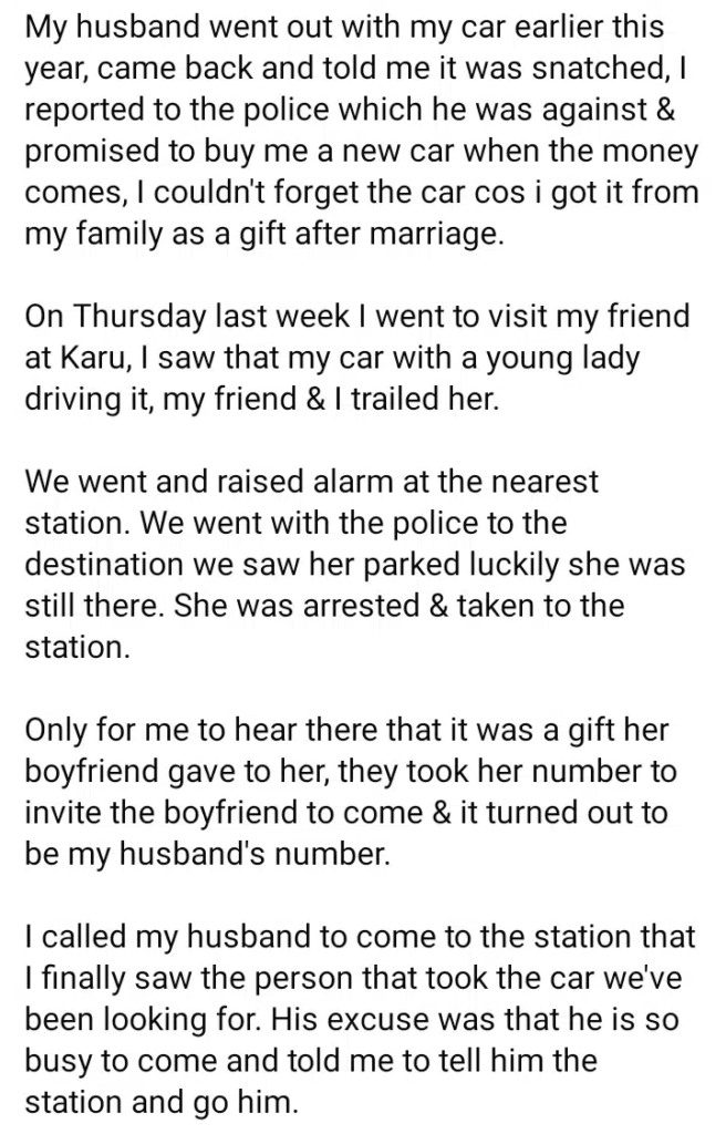 Wife arrests her Husband and his side chick after the husband gave his wife’s car as a gift to his to side chick
