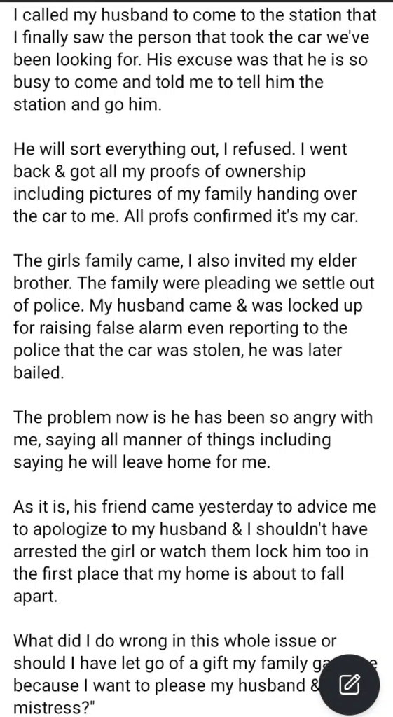 Wife arrests her Husband and his side chick after the husband gave his wife’s car as a gift to his to side chick