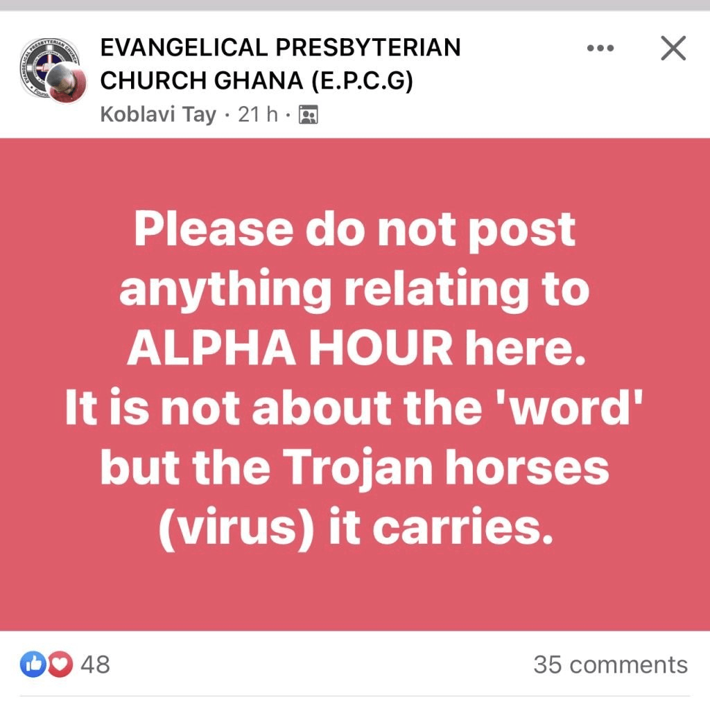 It’s a Virus – Evangelical Presby Church Warns Against Sharing Anything Related To Alpha Hour