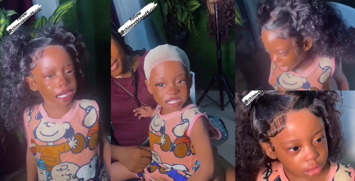 “Let Kids Be Kids”: Reactions As Little Girl Cries Out As They Fix Frontal Wig on Her Head (Watch Video)