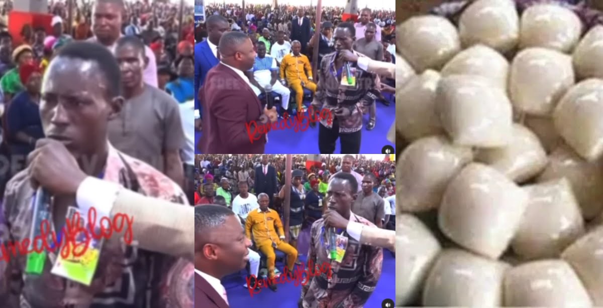 Man who eats 30-40 wraps of fufu goes to church for deliverance (Watch Video)
