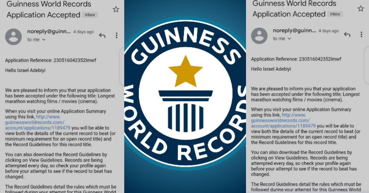 Guinness World Record Approves as Nigerian Man Applies to Watch Film for Over 121 Hours