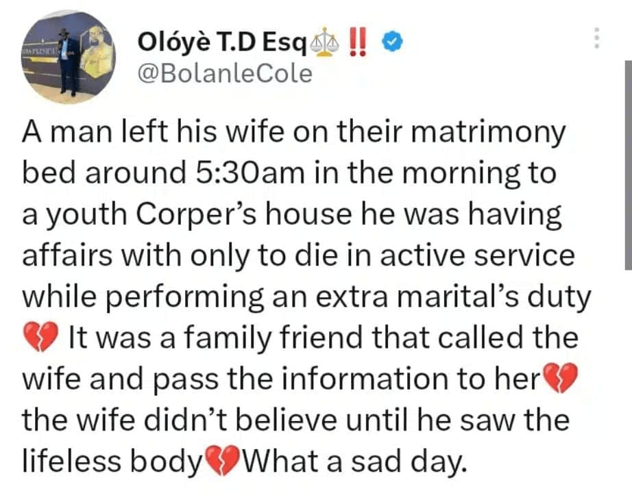 Husband dies on top of his side chick while having intercourse