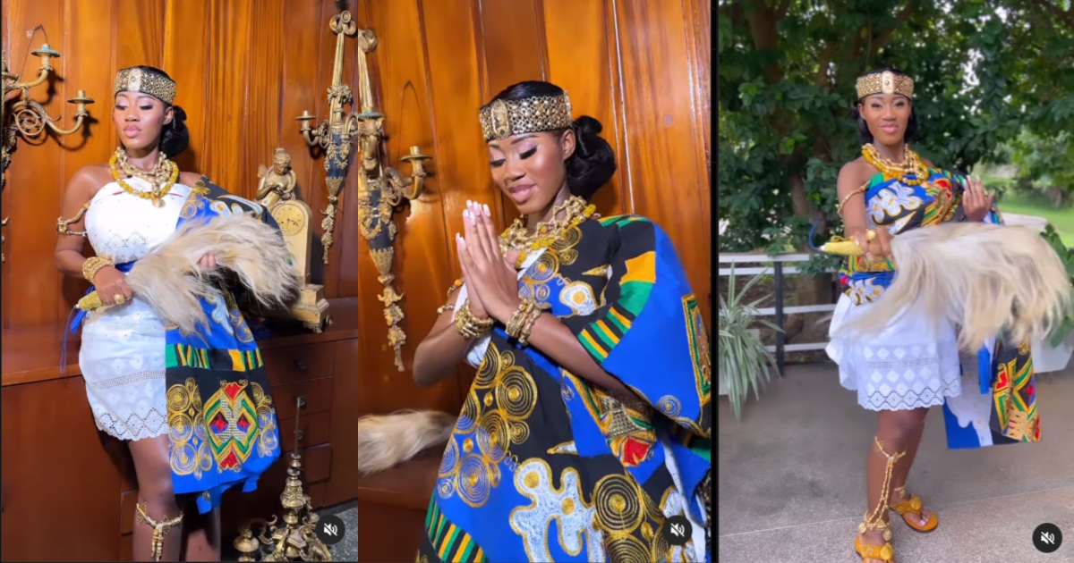 Daughter of NPP's Women's Organiser got married in a lavish ceremony wearing expensive kente and gold jewelry, exuding royalty.