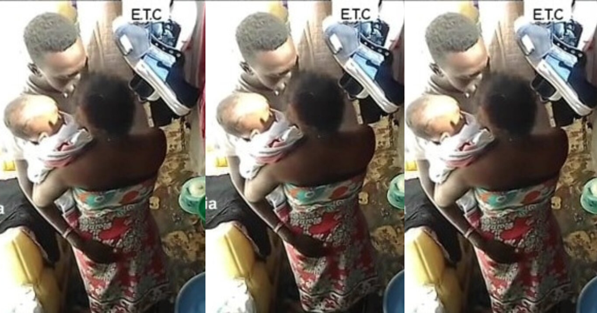 (Video) Soldier’s wife caught on CCTV camera chopping love with another man in front of their child