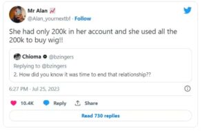 Man breaks up with his girlfriend after she spent all her entire savings on a wig