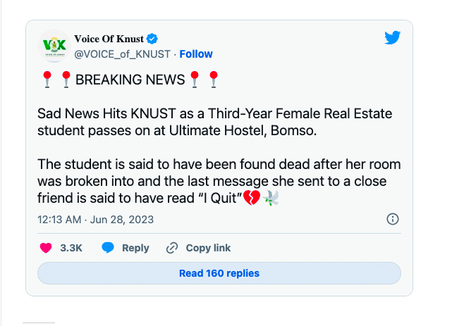 Female student of KNUST who lost 7,400ghc in Aviator bet commits suîcîde in her room