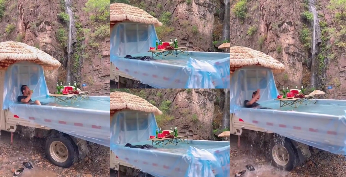 Watch Video as a Man converts back of his pickup truck into a swimming pool