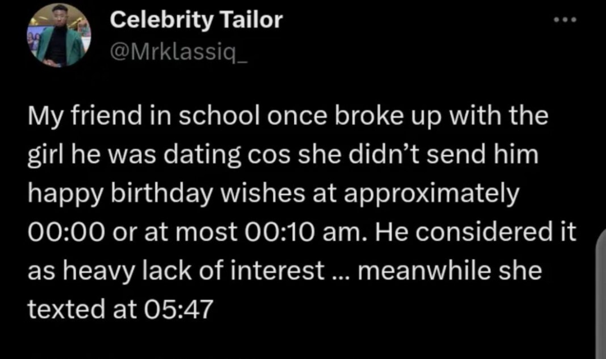 Young man ends relationship with his girlfriend for not celebrating him at 12:00 am on his birthday