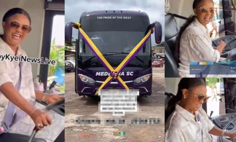 Nana Ama McBrown shows her driving skills as she drives a bus gifted to Medeama SC in new video - Watch