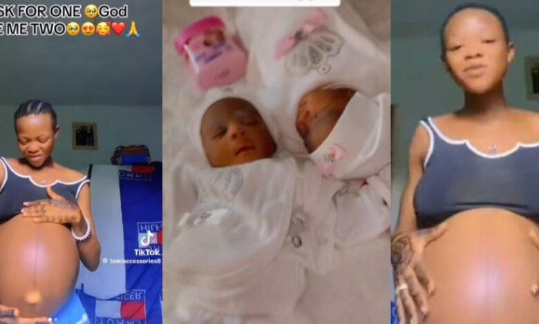 “I asked for one, God gave me two” - Young lady celebrates as she gives birth to beautiful twins (Watch Video)