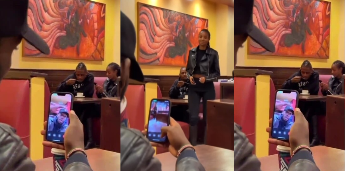 Young man catches and records his serious girlfriend cheating on him with another man in the restaurant - Watch video
