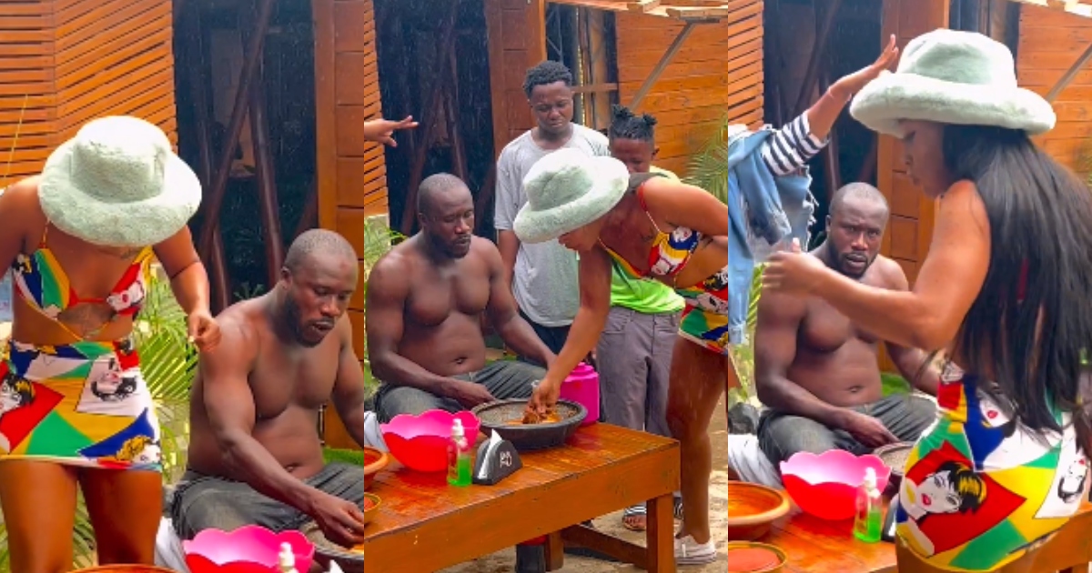 "Efia Odo the foodie beats Ras Nene in a fufu contest, video surfaces."