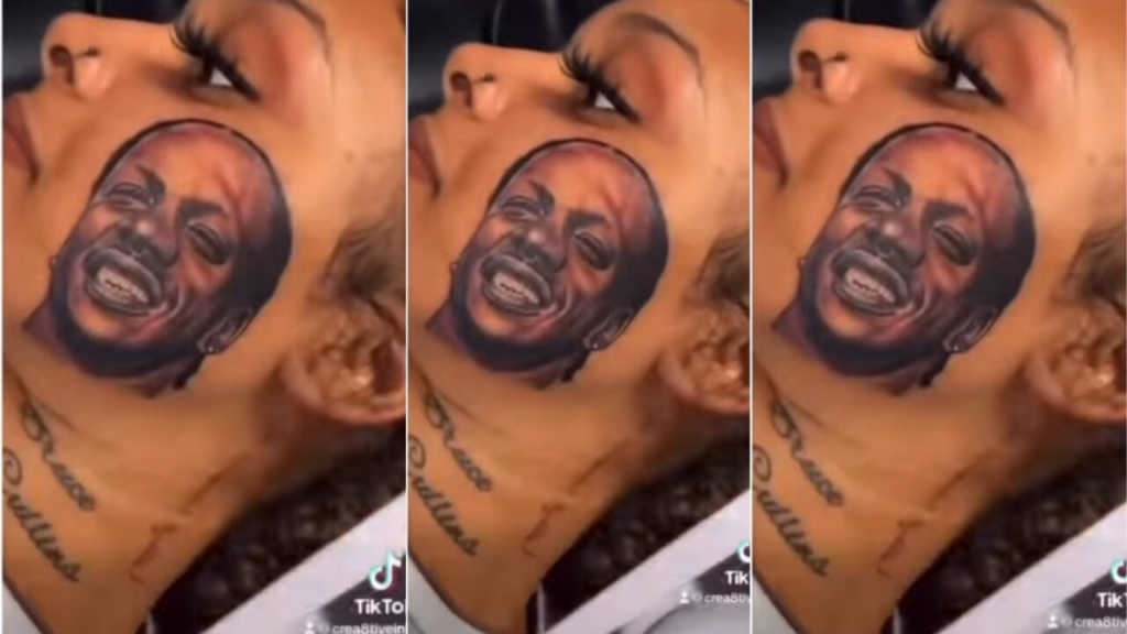 It will end in tears - Reactions as Lady permanently tattoos her boyfriend on her face