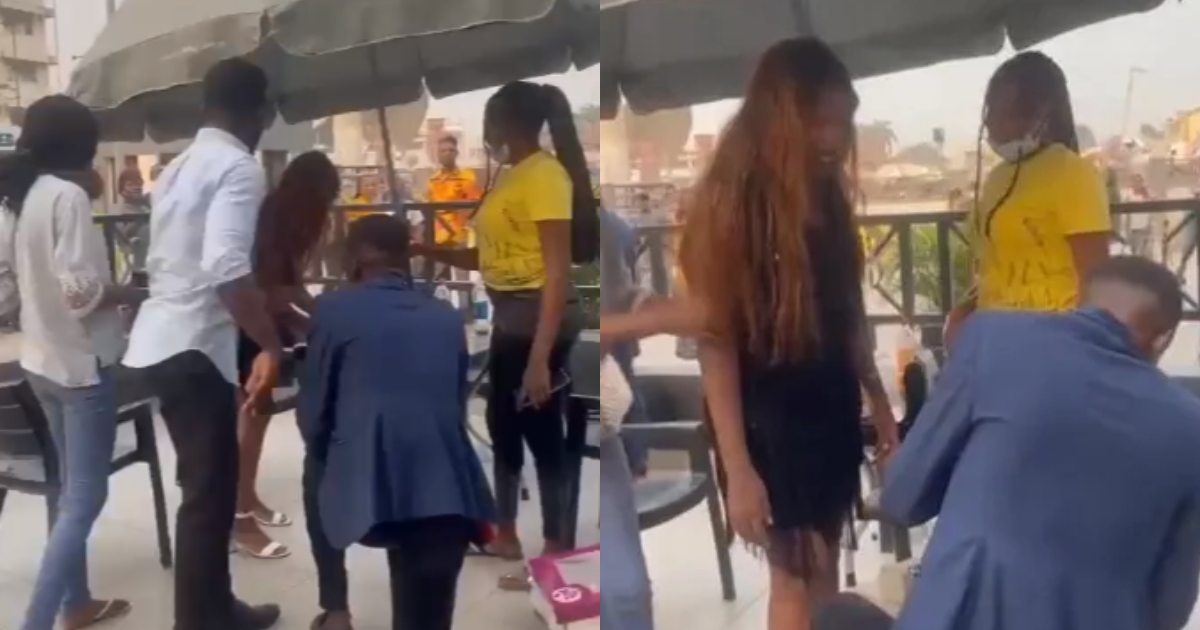 Lady slaps her boyfriend multiple times for proposing to her in public.
