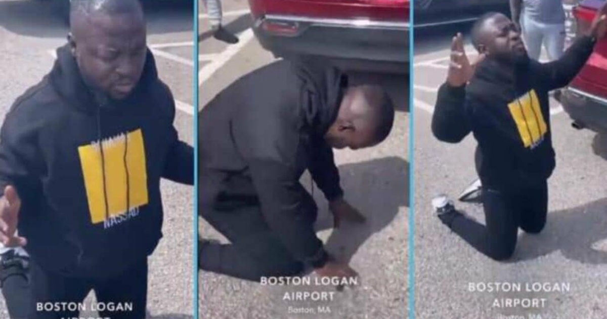 A trending video shows a Ghanaian man kneeling to thank God after he left Ghana and safely arrived in the US.