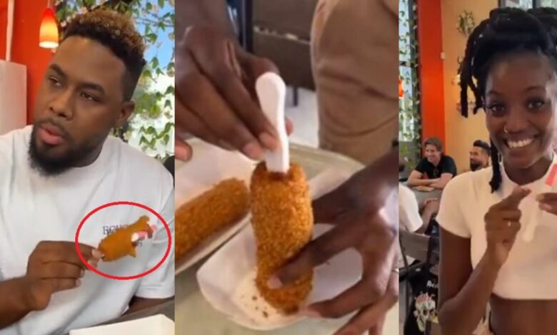 Lady announces her pregnancy by inserting her pregnancy test stick in her man’s food (Watch Video)