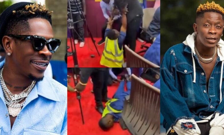Overjoyed security guard faints after seeing Shatta Wale for the first time in person at Pure FM – Watch Video