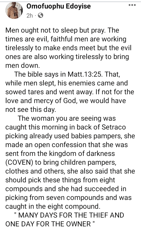 The woman who was caught picking up used diapers confesses, "I was sent from the Kingdom of darkness."