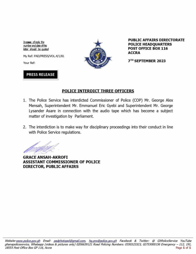 Ghana Police Service arrests three police officers over involvement in IGP leaked tape