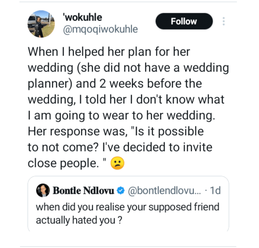 I helped my best friend plan her wedding but she didn't invite me – Lady reveals