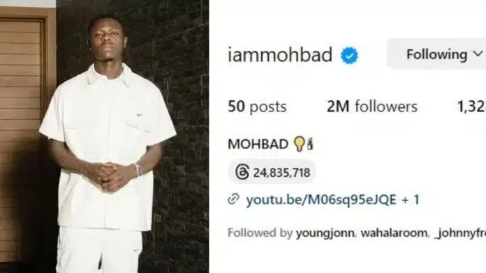 Mohbad’s Instagram followers increased from 1.2 million to 2 million followers within a week after his death