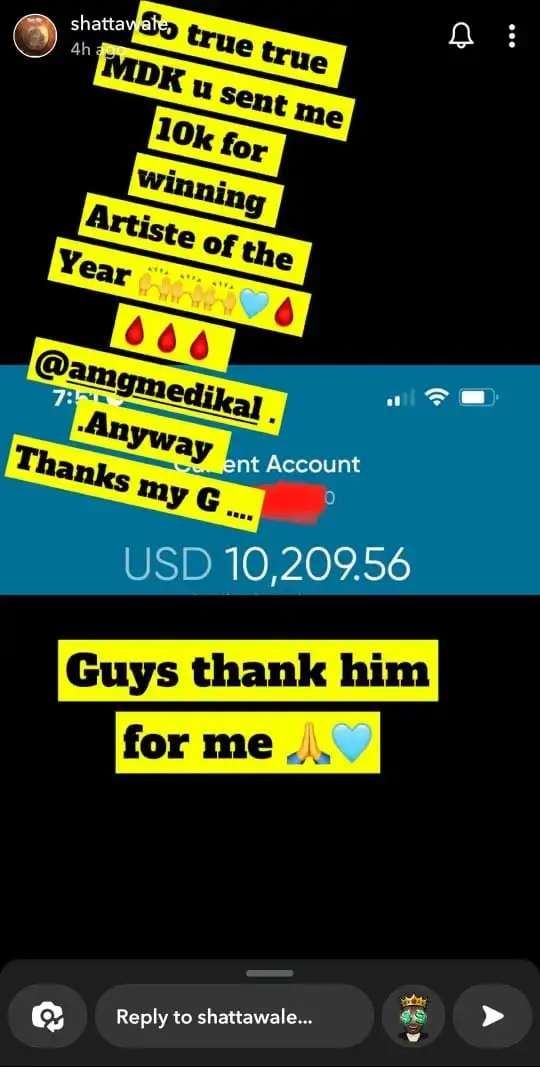 "Thanks My G" - Shatta Wale Used Social Media To Express Appreciation On Medikal Sending Him 10K Dollars For Winning Artist Of The Year At The Just Ended Taabеa Ghana Music Awards UK