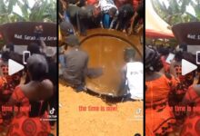 SHOCKING VIDEO : A Chop Bar Operator Dies And Being Buried In A Huge Mortar Coffin Catches Attention Online