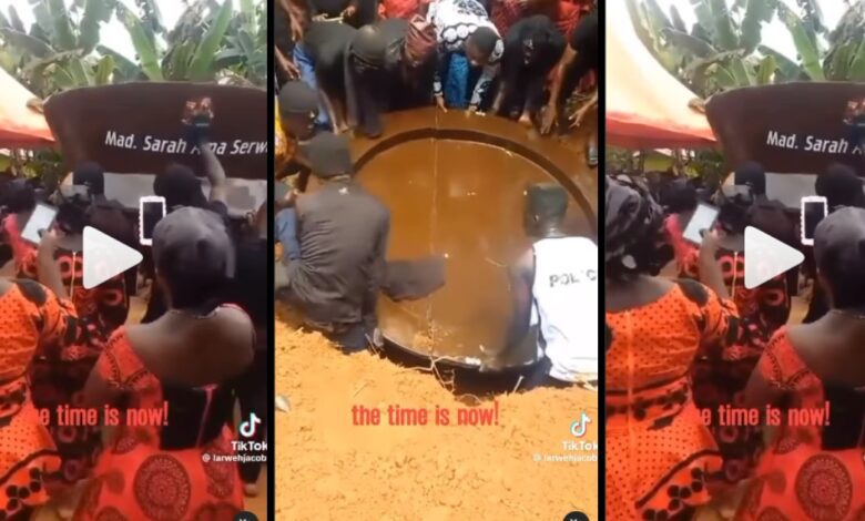 SHOCKING VIDEO : A Chop Bar Operator Dies And Being Buried In A Huge Mortar Coffin Catches Attention Online