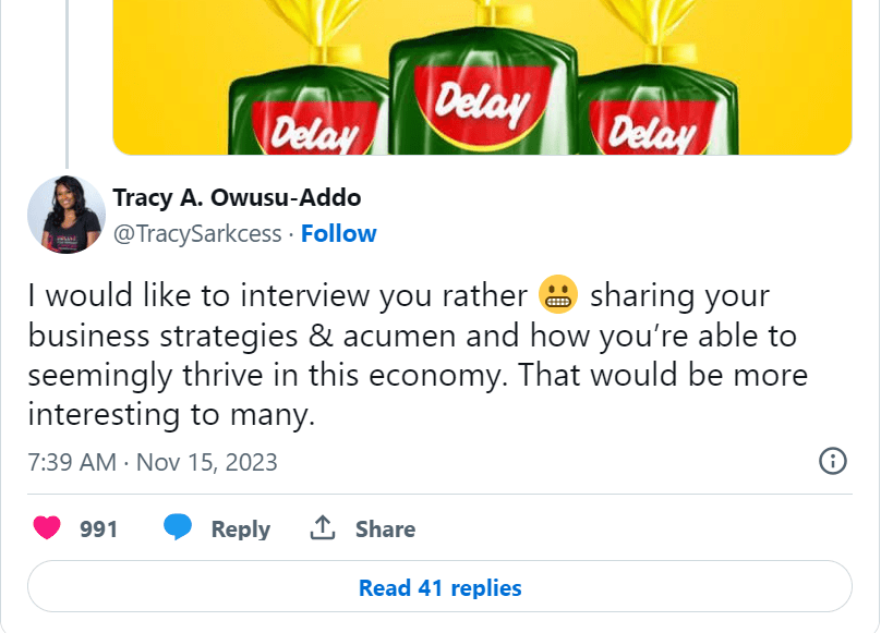 Tracy Sarkcess turns down Delay's request for an interview.