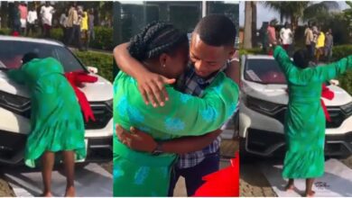 Husband surprises wife at work with car gift on her birthday, causing her to run barefoot out of joy.